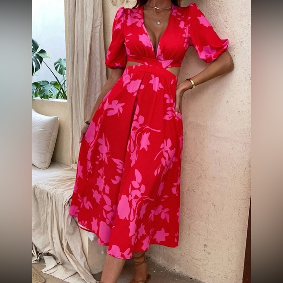 Boho red pink floral print cutout maxi dress - Picture 6 of 6